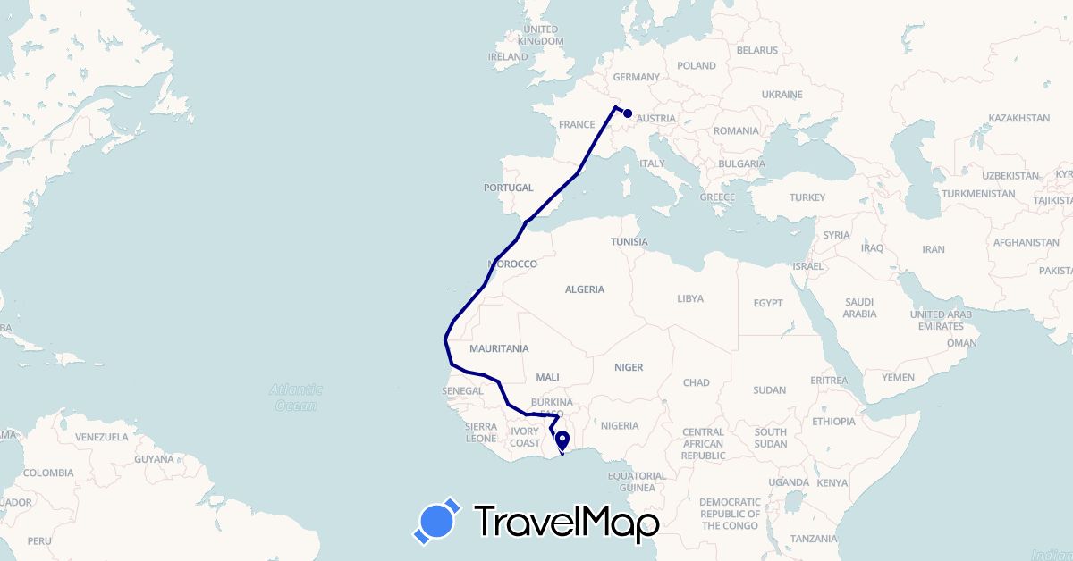 TravelMap itinerary: driving in Burkina Faso, Germany, Spain, France, Ghana, Morocco, Mali, Mauritania (Africa, Europe)